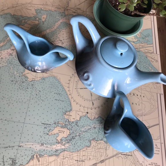 Vintage Beauce Blue Wave Teapot Set - Picture 2 of 10